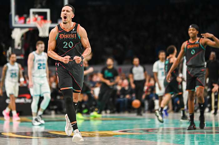 Landry Shamet (20) and Bilal Coulibaly (0) celebrate a made three-pointer during the second half vs. Charlotte Hornets at Capital One Arena. Mandatory Credit: Tommy Gilligan-USA TODAY Sports